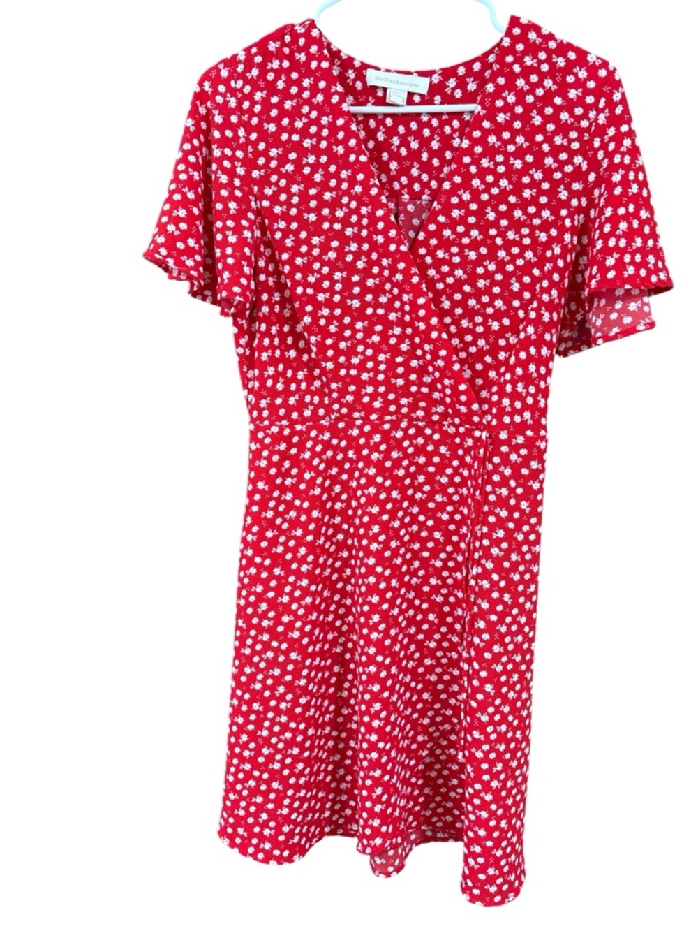 Monteau Red Floral Wrap Dress Short Sleeve Mini Size L